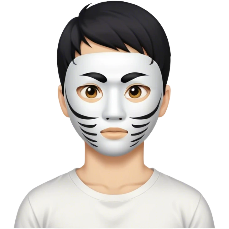 a guy with black hair in a Japanese mask on half his face in a white T-shirt with Japanese characters emoji