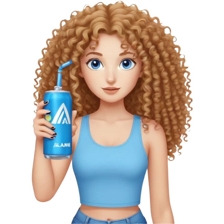 Curly haired, Blue eyed woman holding one alani energy drink can, no straw simple, long hair. She’s wearing a cute trendy top emoji