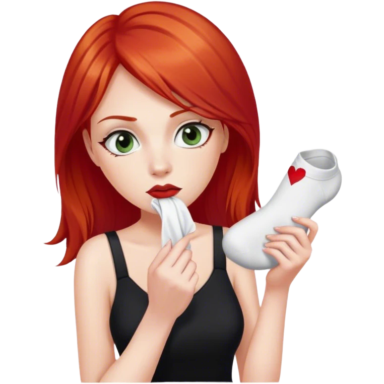 a woman with red hair and red eyes sniffing a white sock. The woman wear a black  dress emoji