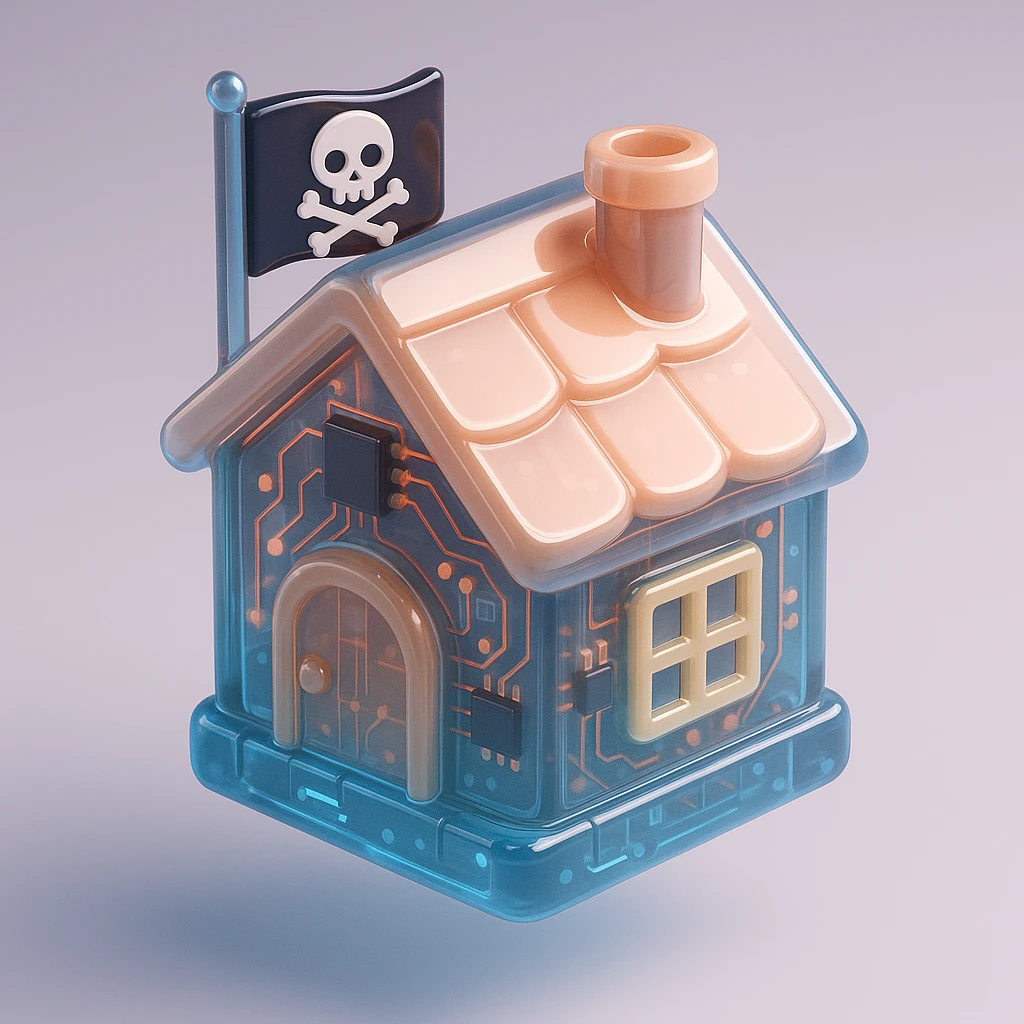 old pirate's house with skull flag emoji
