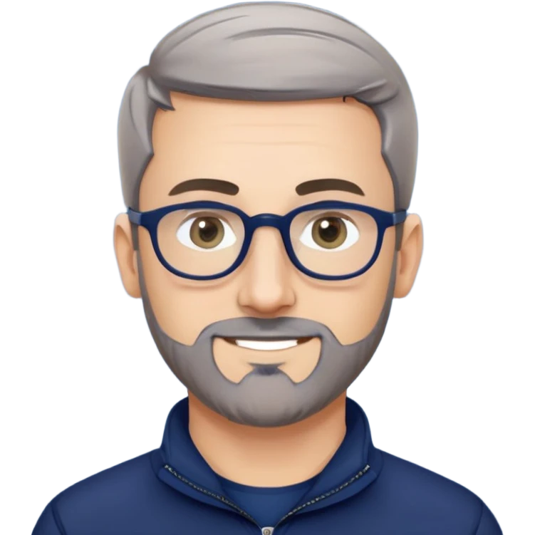 Caucasian man with oval face, hair cut extremely short and tight to head (military style), short beard with gray streaks, large black eyeglasses, cheerful expression, wide body type, navy blue long sleeve sweatshirt with quarter zip emoji