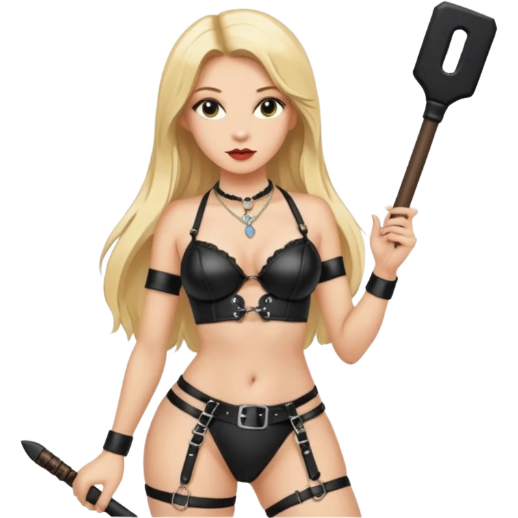 Dominatrix with long blonde hair, a small rectangular leather paddle in her right hand, wearing black lingerie with a garter belt, and a necklace around her neck with a key on the necklace emoji