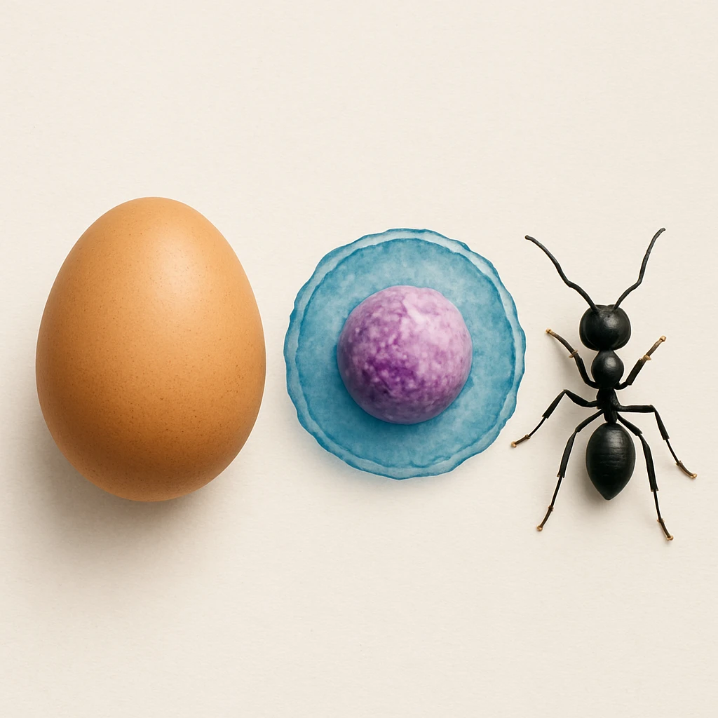 an egg next to a biological cell, both to the left of an ant emoji