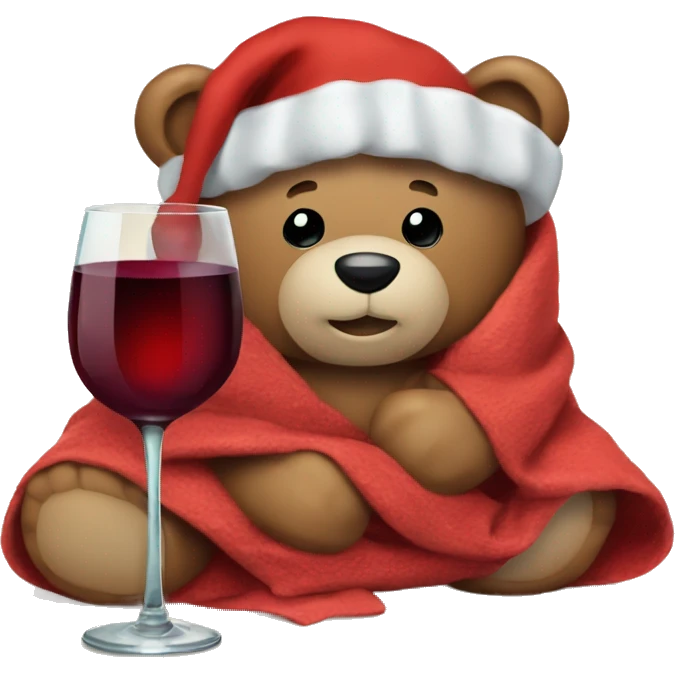 a Christmas teddy happy bear wrapped in a blanket with glass wine emoji