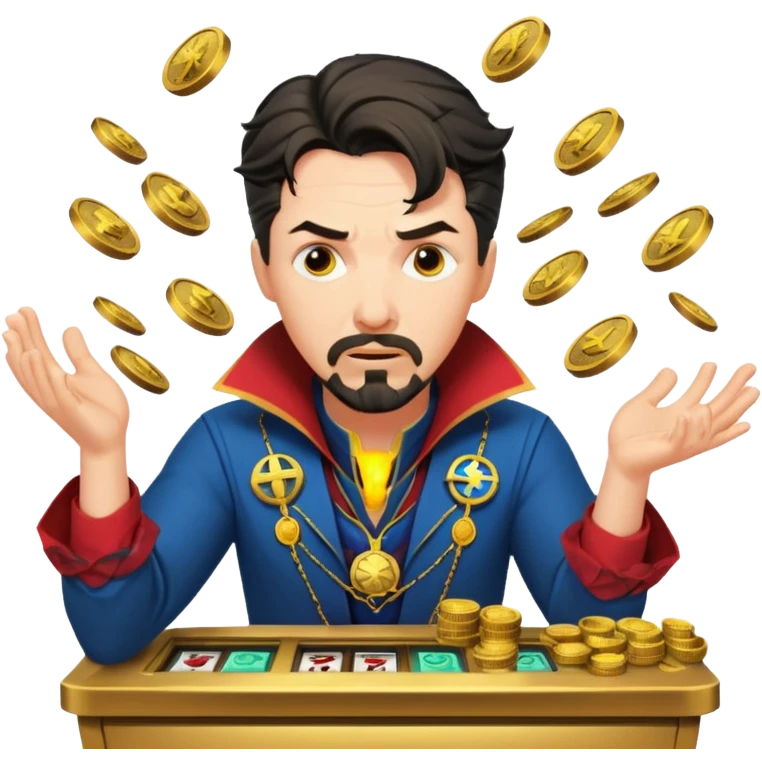 disheveled Doctor Strange losing money at a slot machine, panicked face, coins flying emoji