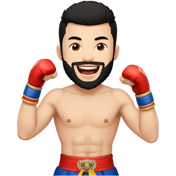 Minimal emoji of a guy, Trimmed beard, medium-length black hair, short sides, hair forward, muay thai fighter laughing emoji