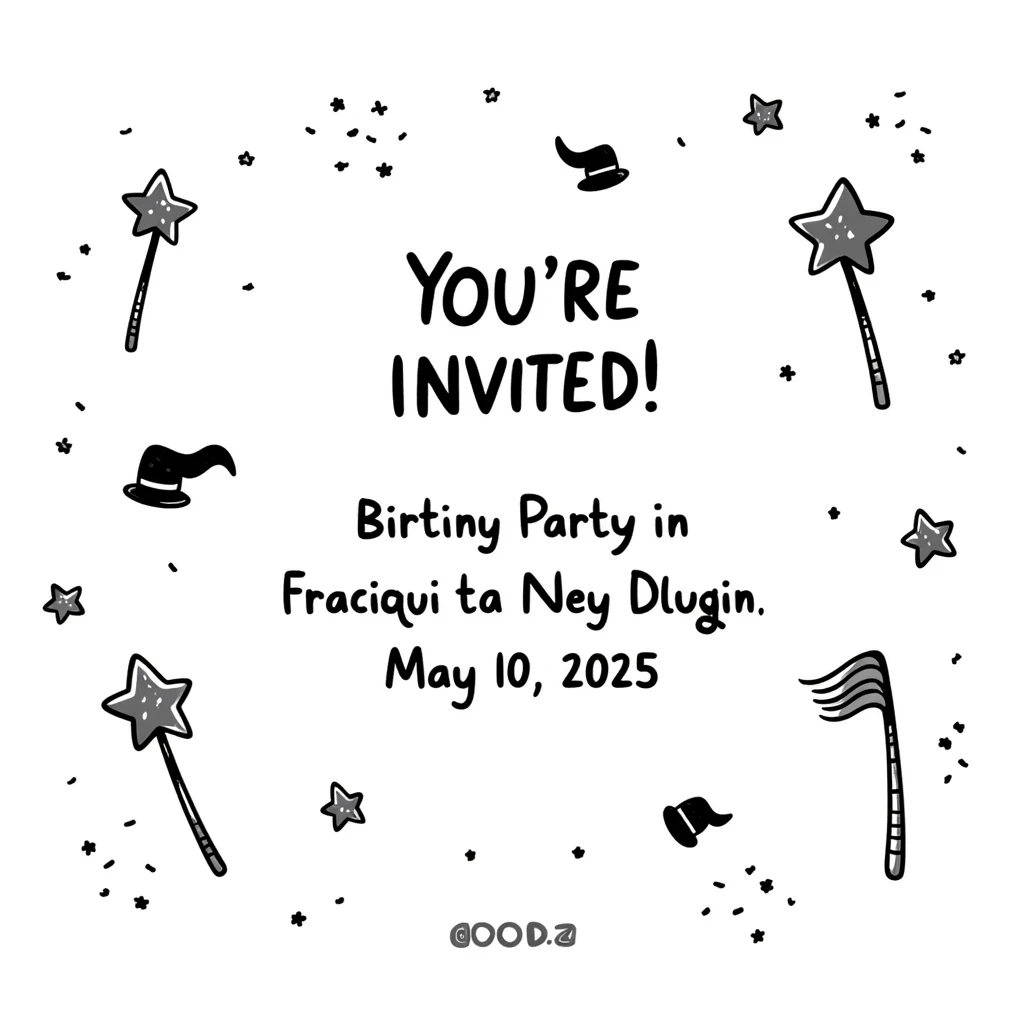 magical themed birthday party invitation illustration with sparkles, wands, whimsical decorations, including the text: 'You're Invited! Birthday Party in San Francisco, May 10, 2025' emoji