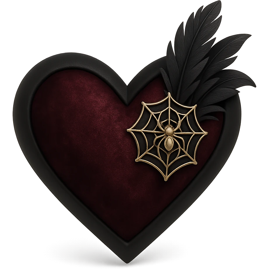 3D black style gothic heart, dark crimson velvet texture, silver spiderweb brooch, black feather accents, moody and rich gothic design emoji