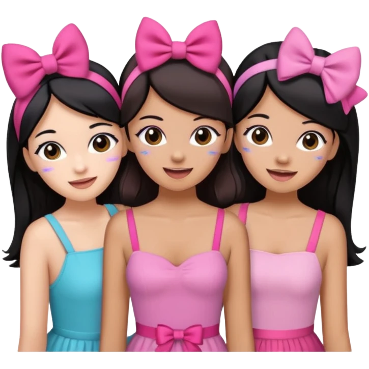 3 brown friends having fun, one with black hair, 2 with brown hair, girly style emoji