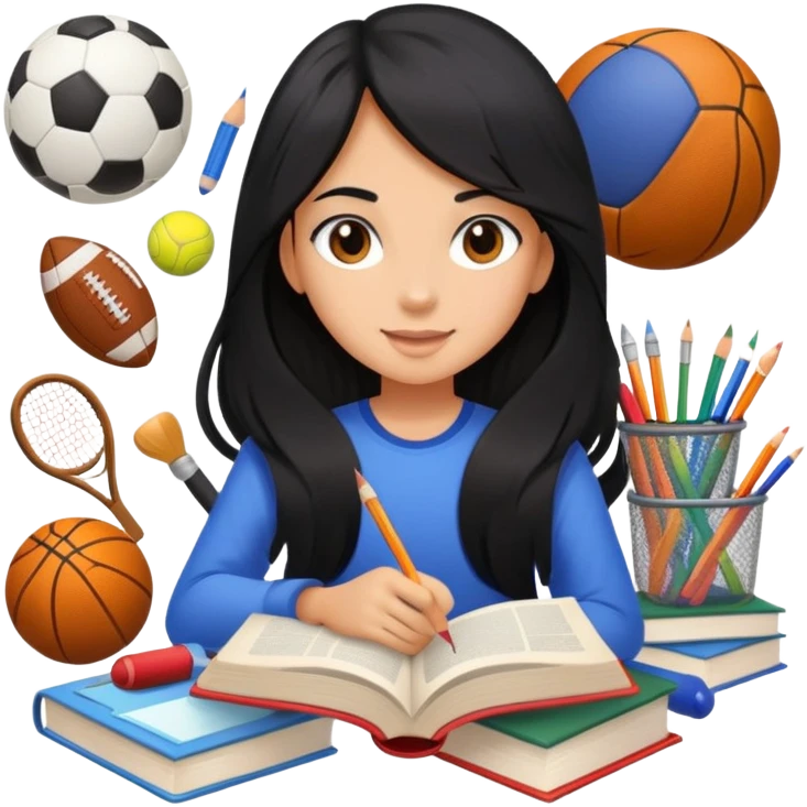 differemt girlhood hobbies floating back ground, 1 book, art, and sports, tanned long black hair emoji