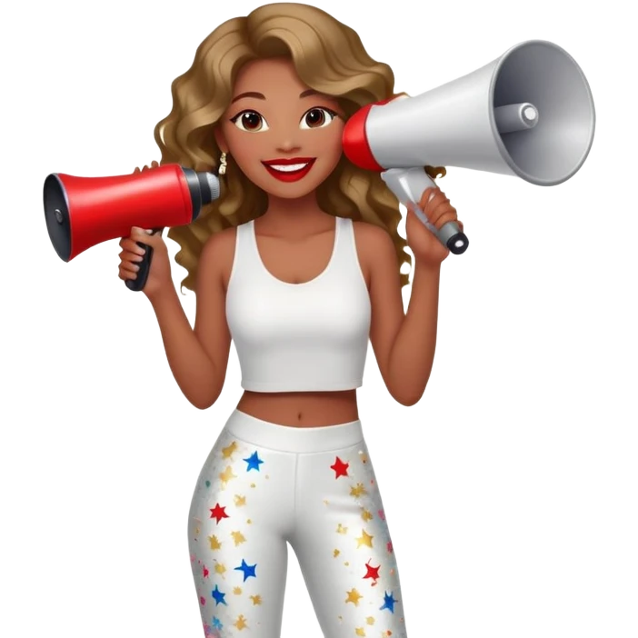 A confident young woman with long wavy hair and bold red lipstick smiles brightly. She wears a white “Liv Laugh Love” crop top, sparkly pants, and accessories, holding a red megaphone with colorful stars bursting out. emoji