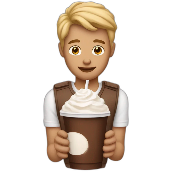 A man with a light skin tone who is holding a chocolate shake with only his left bangs slightly down emoji