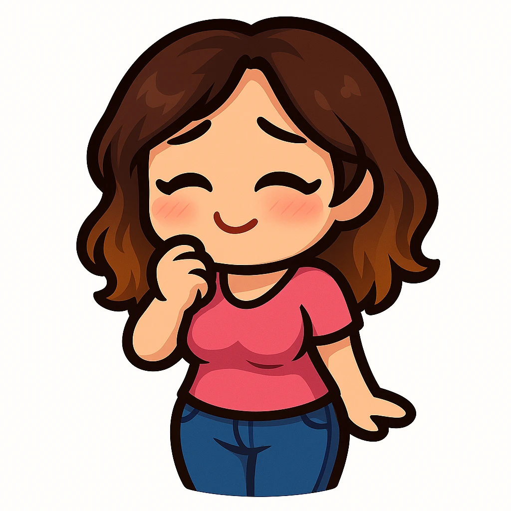 Sticker style chibi emote, matching the attached green heart emote as a base, but with a slightly skinnier body and a bigger chest. Woman from reference, pink t-shirt and blue jeans, shy/blushing, cute shy face, no headband, no wand, no green heart, transparent background. Top color should not match jeans. emoji