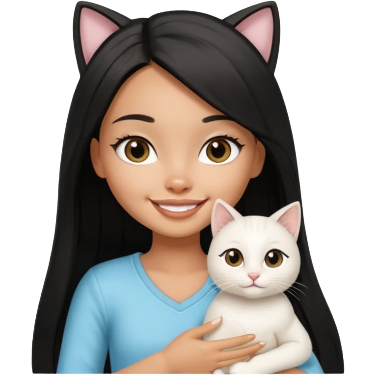 a pretty tan bratz girl with black long straight hair smiling and holding a white cat\ emoji