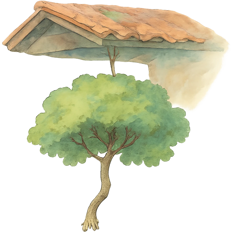 ghibli style illustration of a tree hanging from a roof, soft colors, whimsical emoji