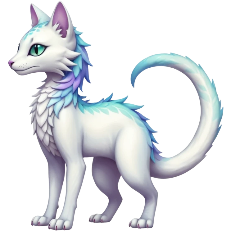 Kawaii white iridescent beautiful pretty elegant divine edgy fantasy feline-vernid-sergal-fursona animal creature with a tufted tail full body with intricate markings  emoji
