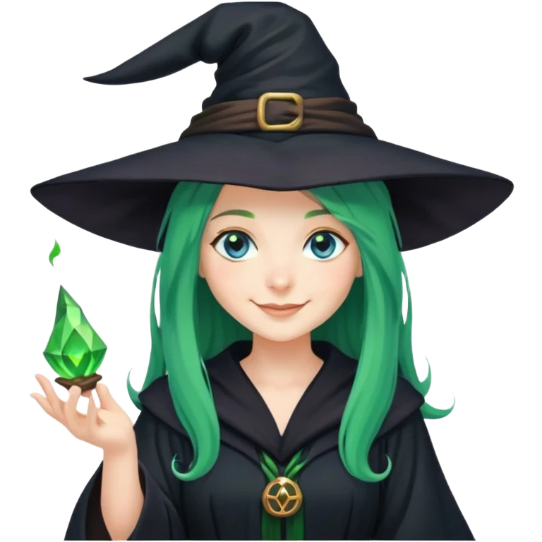 Young Witch in black robe and a witch's hat with green magic in her hand, long green hair and blue eyes smiling emoji