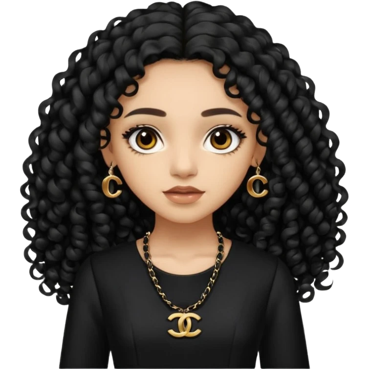 Light skin girl with black very long curly hair, brown eyes, black Chanel dress emoji