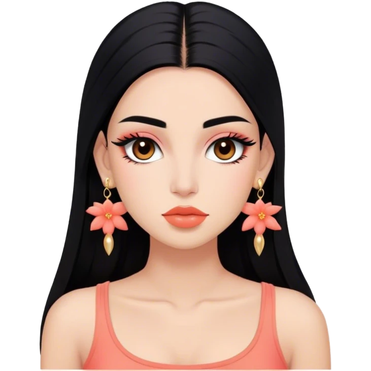 Tez morena, pelo negro largo lacio sin peinado, cejas pronunciadas, ojos grandes color marrones oscuro con pestañas largas, nariz pequeña, labios grandes color coral, rubor coral, top corto negro, orejas pequeñas y pantallas color oro emoji