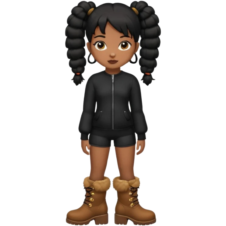 A brown skin girl thats slim and thick body with black hair into two puffy pigtails  and wears all black outfit with brown furry boots  emoji