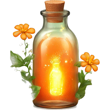 Orange magic fairy light sparkling old Antique bottle with poison and with herbal and flowers emoji