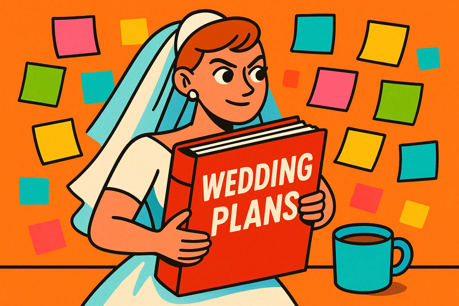 bride with a big binder labeled 'Wedding Plans' surrounded by sticky notes and a cup of coffee, looking determined, vibrant playful style emoji