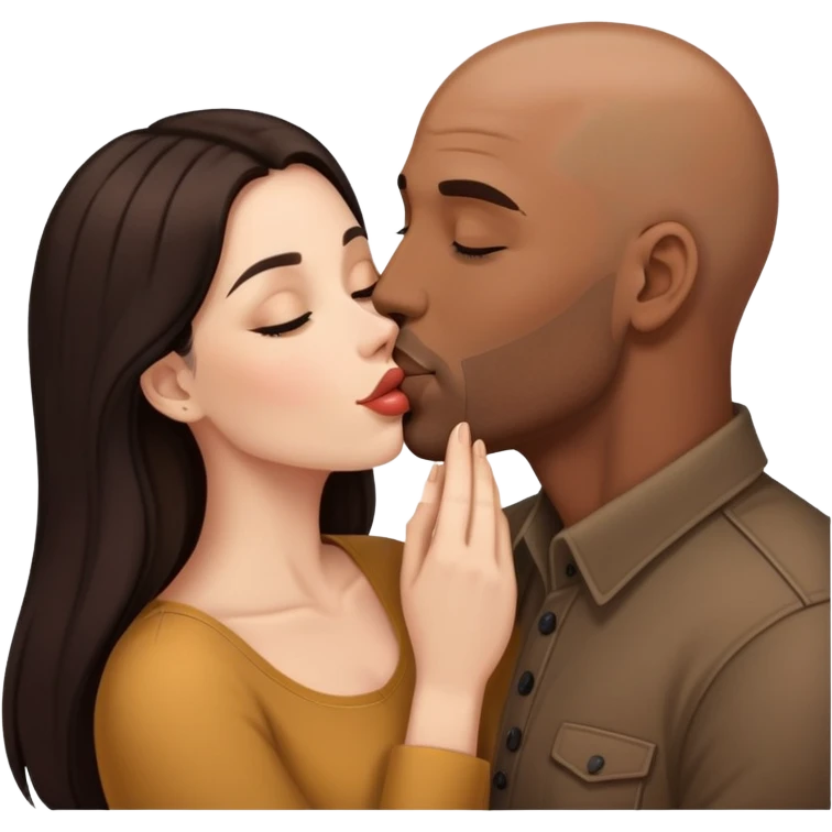 Beautiful woman with long dark hair, kissing a brown bald man emoji