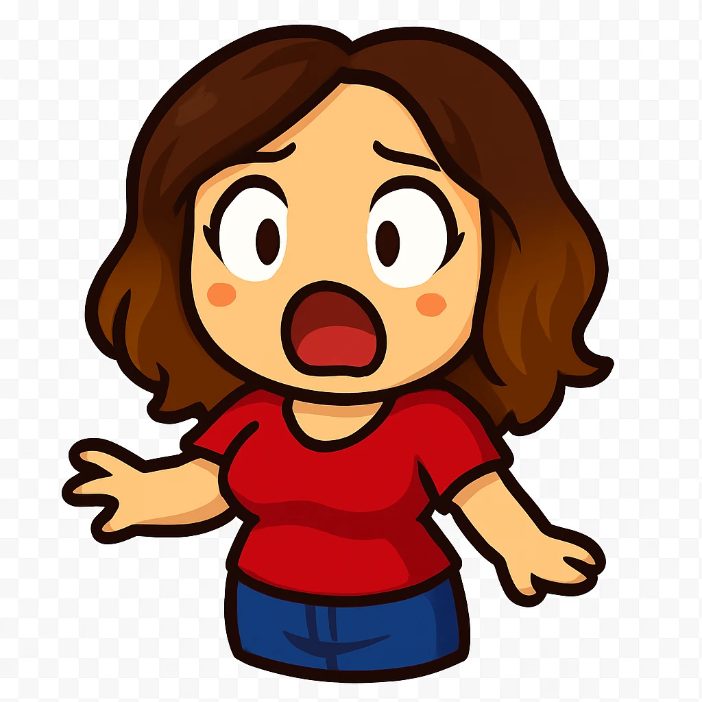 Sticker style chibi emote, matching the attached green heart emote as a base, but with a slightly skinnier body and a bigger chest. Woman from reference, red blouse and blue jeans, surprised/shocked, cute surprised face, no headband, no wand, transparent background. Top color should not match jeans. emoji