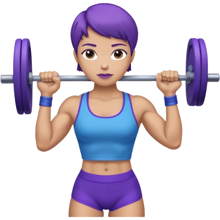 weight lift woman short blue purple har muscles bar is not growing from head emoji