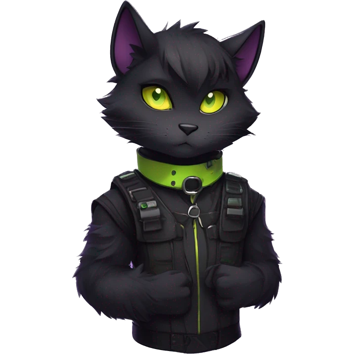 Gorgeous furry gothic dark techwear anime style anthro black cat furry sona Fakemon with blushing face yellow-green eyes aesthetic and pretty edgy black with violet collar and harness trending style emoji