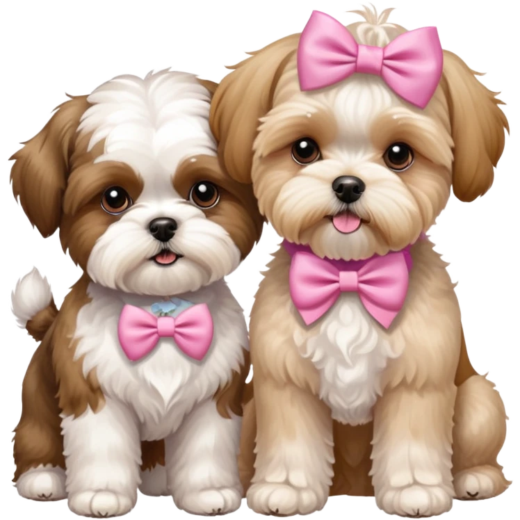 Brown and white Shitese with a pink bow and white/gold wheaten terroir and golden maltipoo playing together  emoji