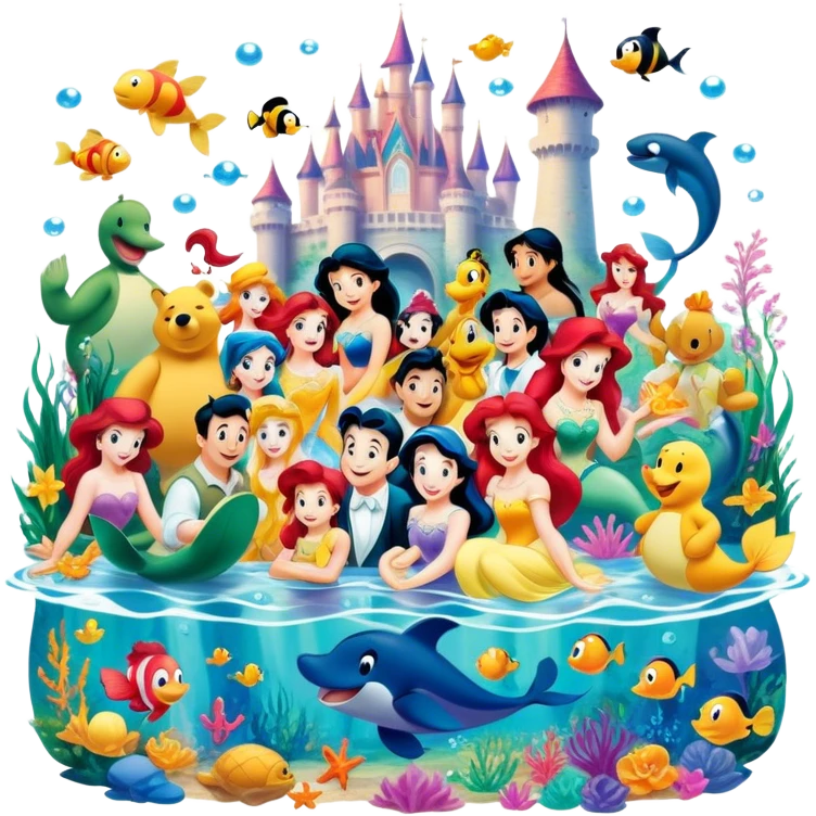 Icon for Animated Characters: A colorful, large-scale collage of beloved cartoon characters, including Franco, Mickey Mouse, Winnie-the-Pooh, Ariel the Little Mermaid, Jasmine and others. Bright and vibrant, full of whimsical charm. Transparent background. emoji