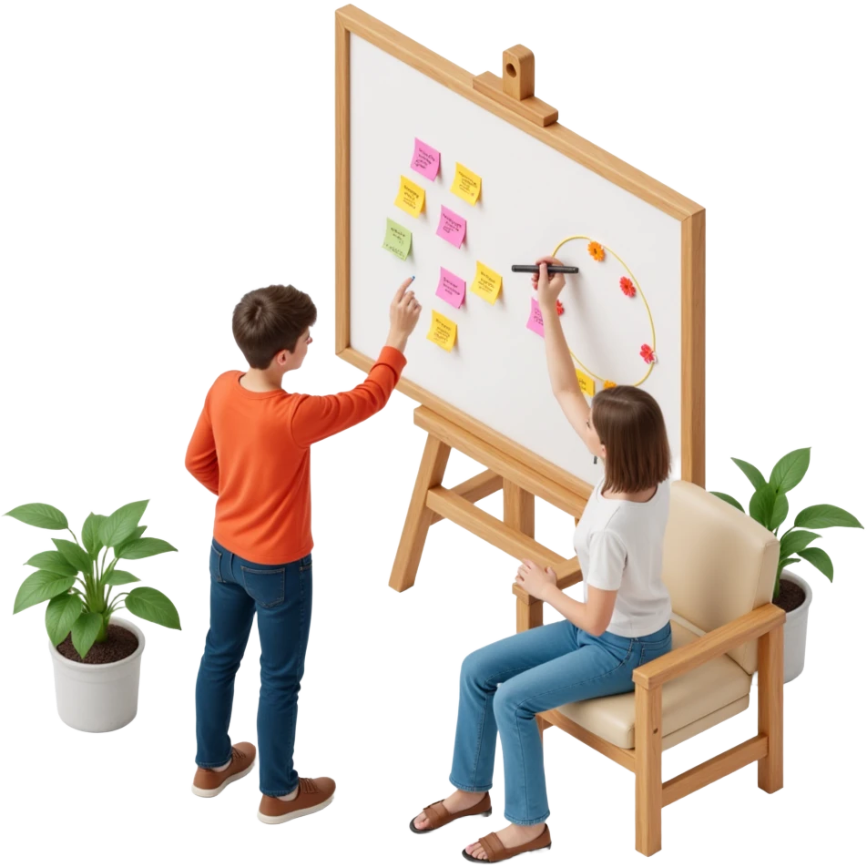 designers collaborating and drawing on a whiteboard with many sticky notes, skeuomorphism style emoji
