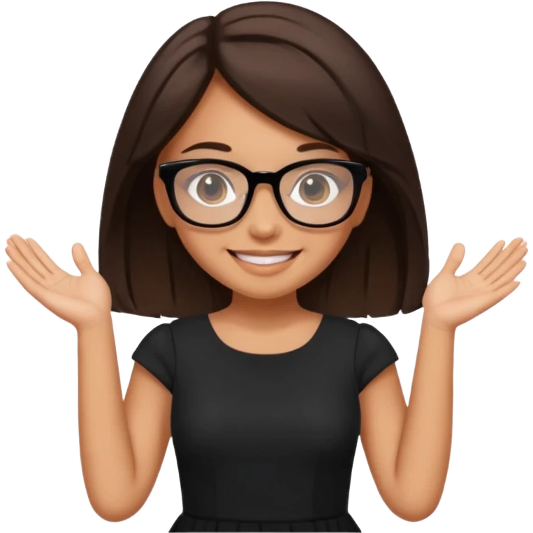a cute brunette girl in a black dress wearing glasses  with two hands  emoji