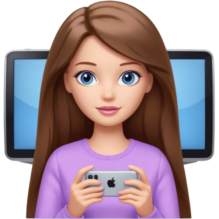 beautiful barbie girl with long brown hair, blue eyes and wearing light purple clothes watching netflix on tv emoji