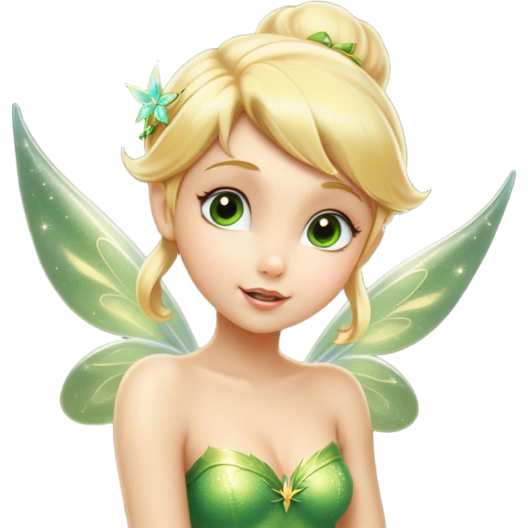 Cinematic Realistic Blonde Tinker Bell Fairy Portrait, head tilted playfully and inquisitively, showcasing a delicate pixie form with finely detailed, golden blonde hair and softly glowing, translucent wings that catch the light with a cascade of fairy dust. Her bright, curious eyes sparkle with mischief and wonder, rendered with lifelike clarity and warm, gentle lighting that captures the essence of a spirited, charming fairy ready to flutter playfully into your heart. emoji