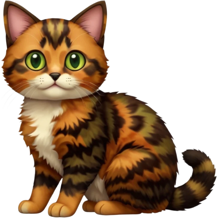 A high-resolution photo-realistic digital illustration of a brown multicoloured  tortoiseshell cat kitten, chest upward (no white) emoji