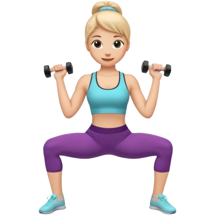 A cute 3D emoji of a fitness woman doing a plié squat at a ballet barre, holding a small dumbbell. She is sweating but smiling. Wearing leggings and a tank top. Soft pastel background, Apple emoji style. emoji