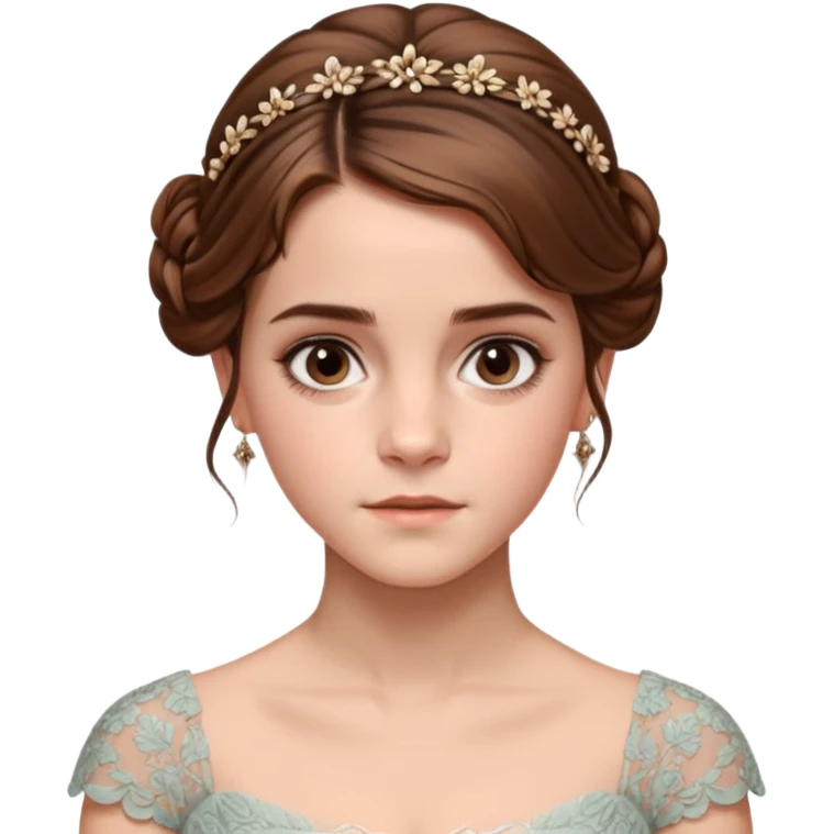 Cinematic Emma Watson Realistic Rococo Portrait, depicted with lifelike skin texture, subtle rosy undertones, and soft natural lighting that enhances the gentle contours of her face. Her intricately detailed brown hair is elegantly styled in an updo, emoji