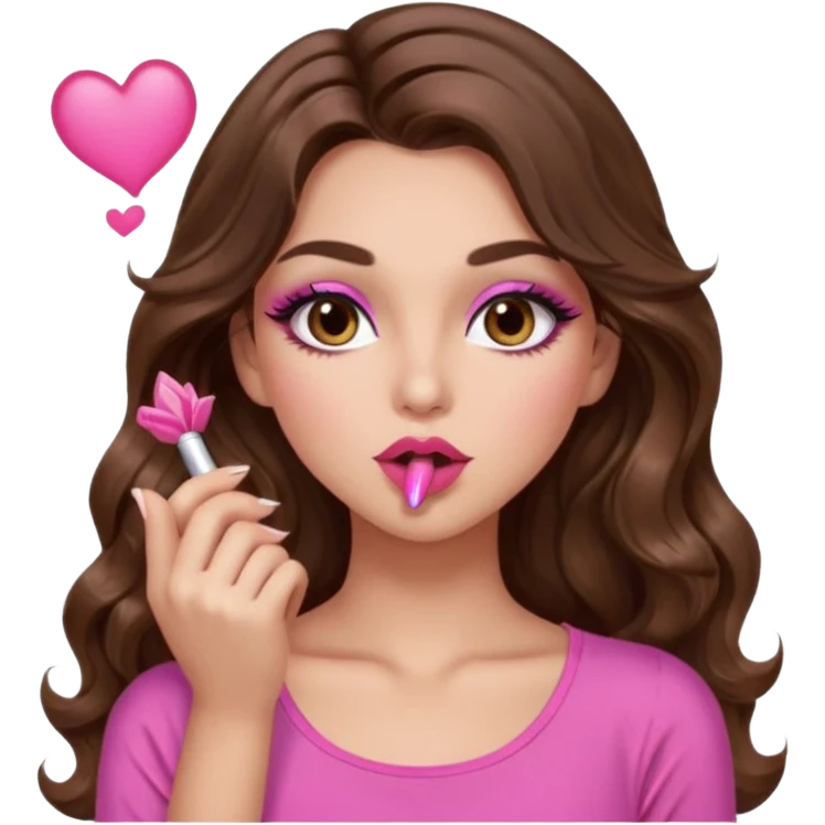 girl with long wavy brown hair, brown eyes, long lashes makeup, sexy pink lips, light to medium complexion, wearing a pink sexy top, blowing a kiss emoji