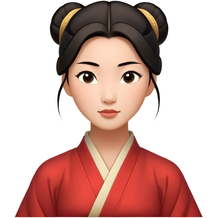 Cinematic Timeless Mulan Portrait Emoji, rendered in a clean vector style. Depict Mulan with warm, light-toned skin, neatly styled dark hair in a traditional bun, and a serene, confident expression, dressed in a simple traditional robe with minimal decoration. The image is highlighted by a soft, inviting glow and a subtle glowing outline, capturing enduring beauty and quiet strength. emoji