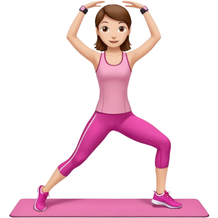 white woman with brown hair, pilates workout, pink athletic outfit, cheerful and active emoji