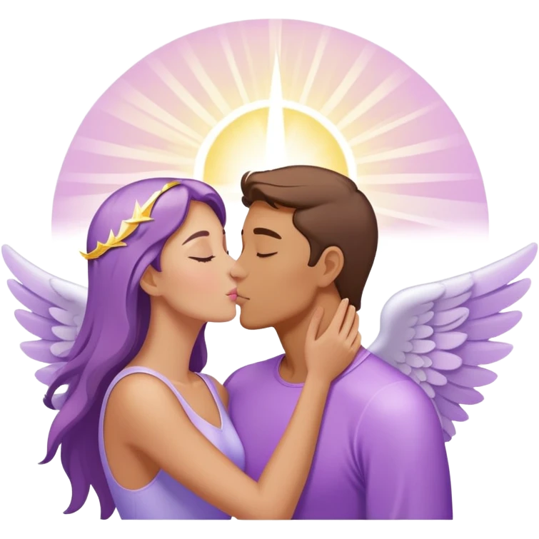 a pastel purple angel woman kisses White brunette man human with rays of light emoji