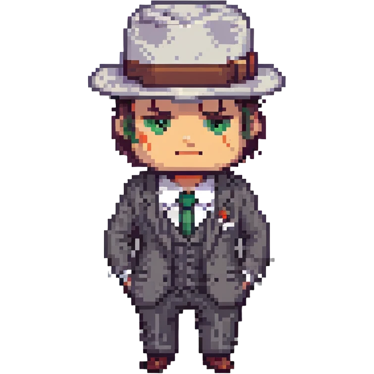 gangster character, pixel art style, classic mobster look, hat, suit, stern expression emoji