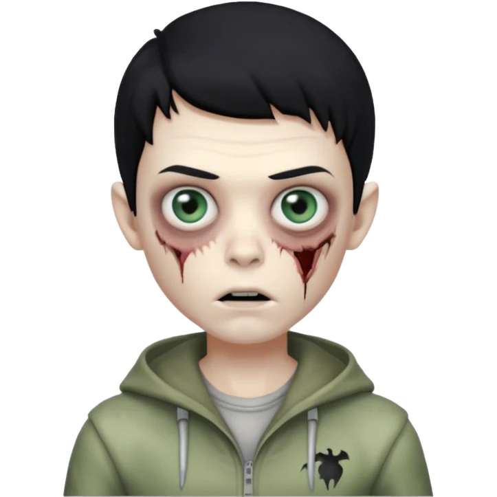 a pretty zombie boy with black hair bearing a resemblance to Ivan from Alien Stage in memoji apple format emoji