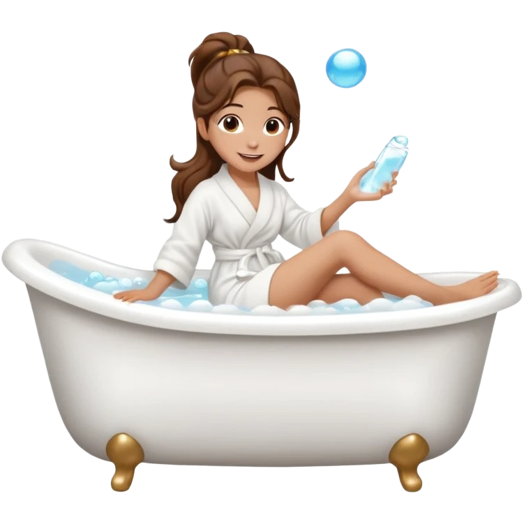 girl with wavy long ponytail brown hair, brown eyes, light to medium complexion, long lashes, lying full body in a white bathtub with bubbles with one foot out of the tub, side view emoji