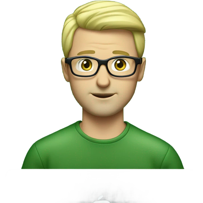 man looks 35 classes, european, tech nerd love pcb designing, blond short hair, blue eyes with specs behind macbook on with green pcb on the desk emoji