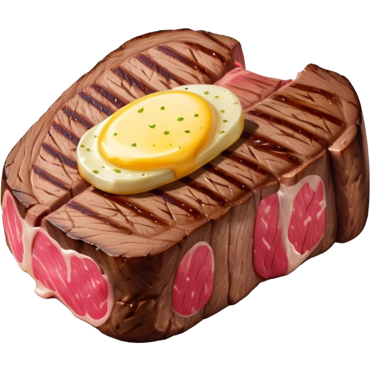 Cinematic thick-cut steak, perfectly seared with grill marks, a juicy pink center, butter melting on top, rich and savory, warm glow, sizzling and mouthwatering, highly detailed and appetizing. emoji