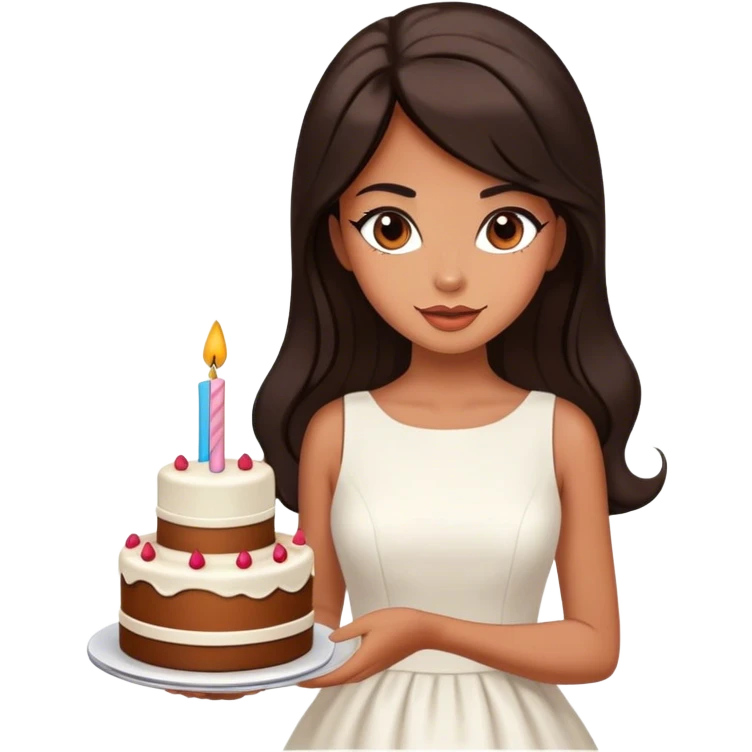 Beautiful woman in 1965’s woman fashion look, white dress, long dark brown hair, birthday cake emoji
