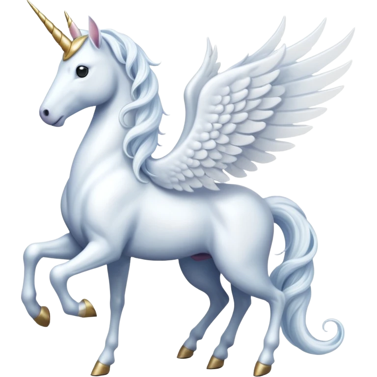 All white Cinematic Noble Unicorn with wings, slender with a flowing mane and tail and spiraled horn emoji